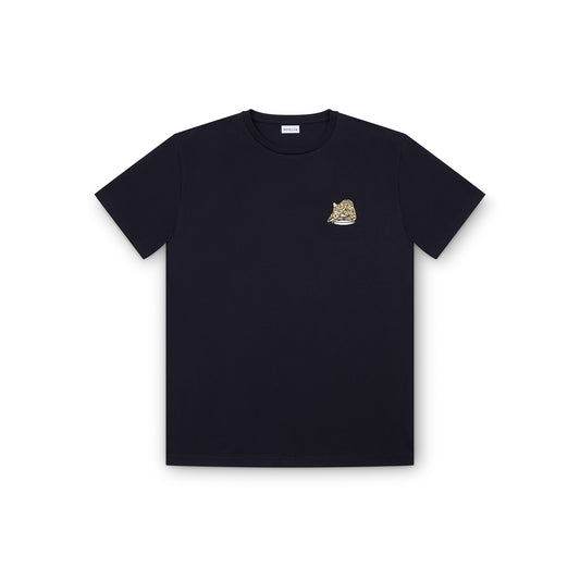 Organic short-sleeve t-shirt black - Leopard lounging with hat